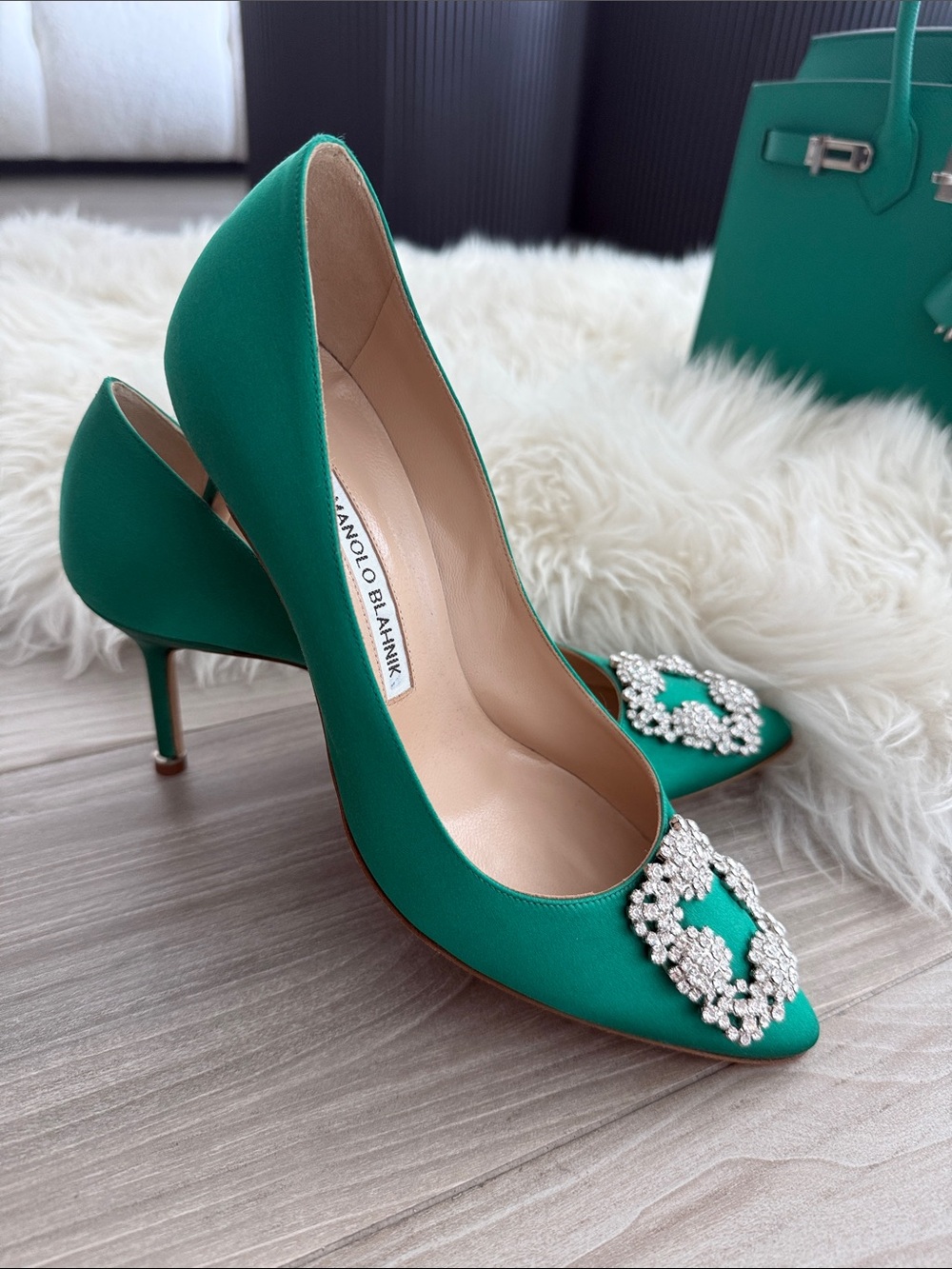 Manolo Blahnik Emerald Green Satin Crystal Buckle Pumps 39.5